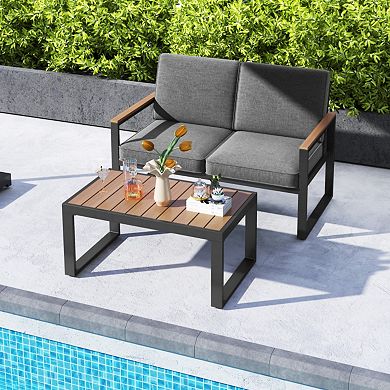 Clihome 2-Piece Patio Aluminum Furniture Set with Wood-Plastic Table & Loveseat