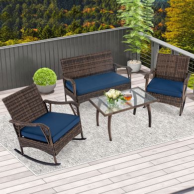 Clihome 4 Pieces Wicker Rocking Set with Bungee Rope Seat
