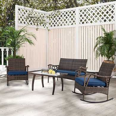 Clihome 4 Pieces Wicker Rocking Set with Bungee Rope Seat