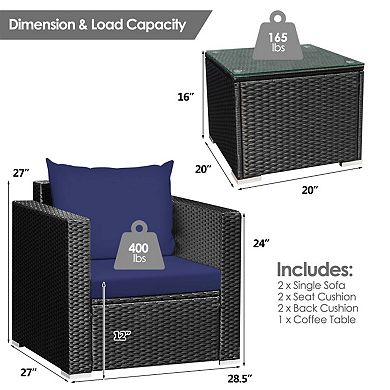 Clihome 3 Pieces Patio Wicker Conversation Set with Thick Removable Cushions
