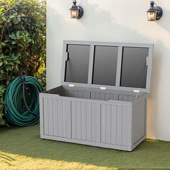 67 Gallon Weatherproof Wooden Deck Box Outdoor Storage Bench for Patio Garden and Pool Items