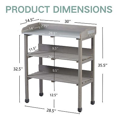 3 Tier Outdoor Work Bench with Hooks Metal Tabletop and Solid Wood Frame