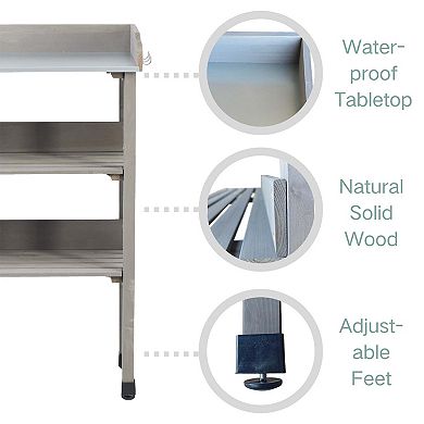 3 Tier Outdoor Work Bench with Hooks Metal Tabletop and Solid Wood Frame