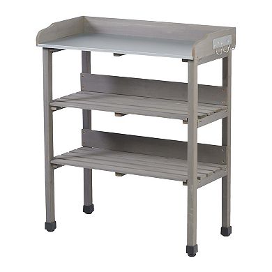 3 Tier Outdoor Work Bench with Hooks Metal Tabletop and Solid Wood Frame