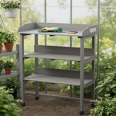 3 Tier Outdoor Work Bench with Hooks Metal Tabletop and Solid Wood Frame