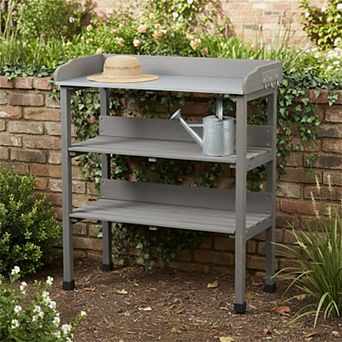 3 tier Outdoor Work Bench with Hooks Metal Tabletop and Solid Wood Frame