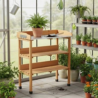 3 tier Outdoor Work Bench with Hooks Metal Tabletop and Solid Wood Frame
