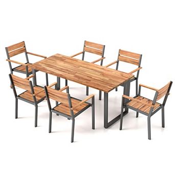 Clihome 7 pc Acacia Wood Patio Dining Set with Metal Frame and 2 in Umbrella Hole
