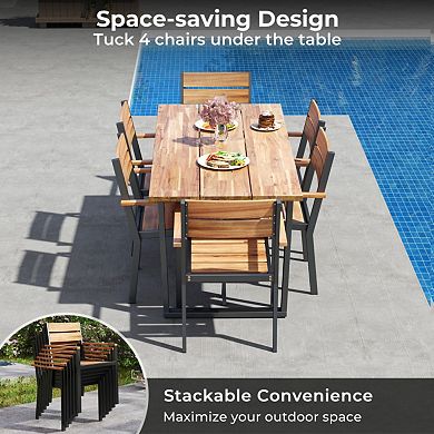 Clihome 7 Pieces Acacia Wood Patio Dining Set with Metal Frame and 2 Inches Umbrella Hole