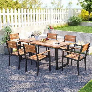 Clihome 7 Pieces Acacia Wood Patio Dining Set with Metal Frame and 2 Inches Umbrella Hole
