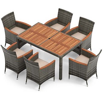 Clihome 7 pc Patio Acacia Wood PE Rattan Dining Set with Cushions