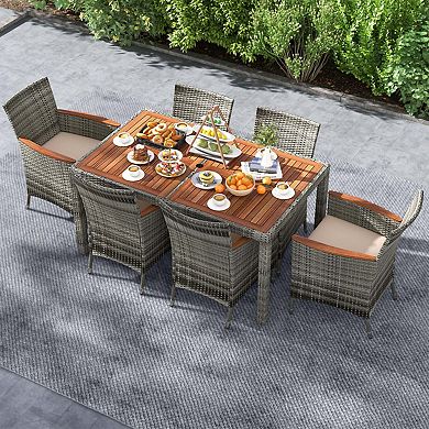 Clihome 7 Pieces Patio Acacia Wood PE Rattan Dining Set with Cushions