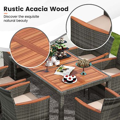 Clihome 7 Pieces Patio Acacia Wood PE Rattan Dining Set with Cushions