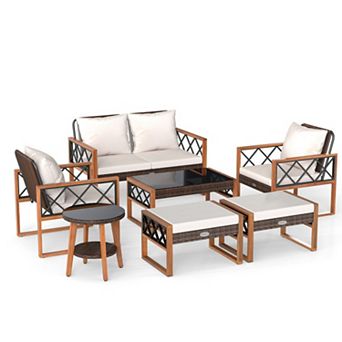 Clihome 7 pc Patio Furniture Set PE Wicker Acacia Wood Outdoor Conversation Set
