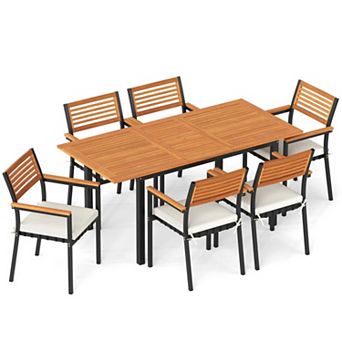 Clihome 7 pc Patio Dining Set Wood Metal with Seat Cushions and Umbrella Hole