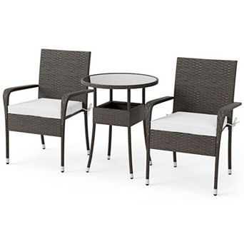 Clihome 3 pc Patio Furniture Set PE Rattan Wicker Chairs with Tempered Glass Top Table