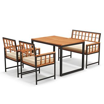 Clihome 4 pc Acacia Wood Patio Dining Set with 1 Rectangular Table and Loveseat