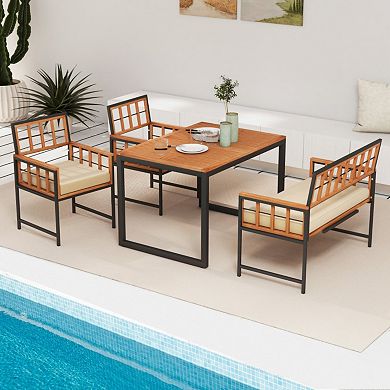 Clihome 4 Pieces Acacia Wood Patio Dining Set with 1 Rectangular Table and Loveseat