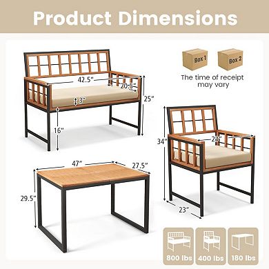 Clihome 4 Pieces Acacia Wood Patio Dining Set with 1 Rectangular Table and Loveseat
