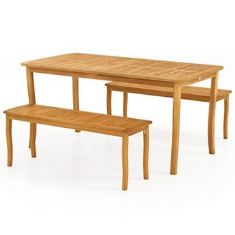 Clihome 3 pc Patio Dining Set Acacia Wood Table & Benches with Umbrella Hole