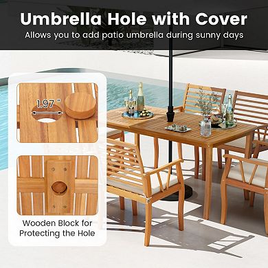 Clihome 3-Piece Patio Dining Set Acacia Wood Table & Benches with Umbrella Hole