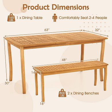 Clihome 3-Piece Patio Dining Set Acacia Wood Table & Benches with Umbrella Hole