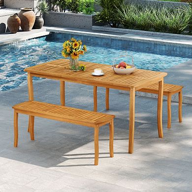 Clihome 3-Piece Patio Dining Set Acacia Wood Table & Benches with Umbrella Hole