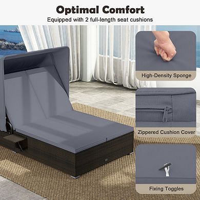 Clihome Patio Double Chaise Lounge with Retractable Canopy, Cushions & Folding Side Trays