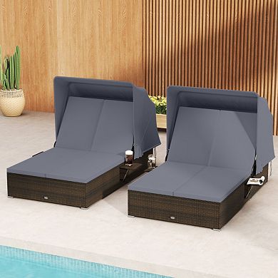 Clihome Patio Double Chaise Lounge with Retractable Canopy, Cushions & Folding Side Trays