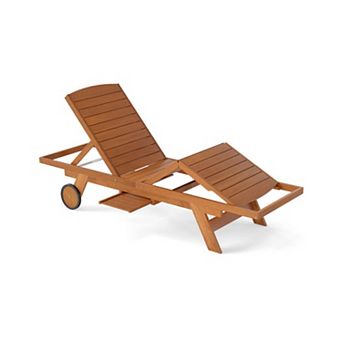 Outdoor Chaise Lounge Chair Solid Wood 4-Position Recliner with Wheels & Extendable Side Table