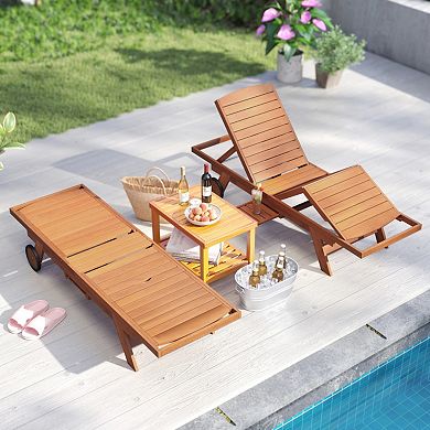 Outdoor Chaise Lounge Chair Solid Wood 4-Position Recliner with Wheels & Extendable Side Table