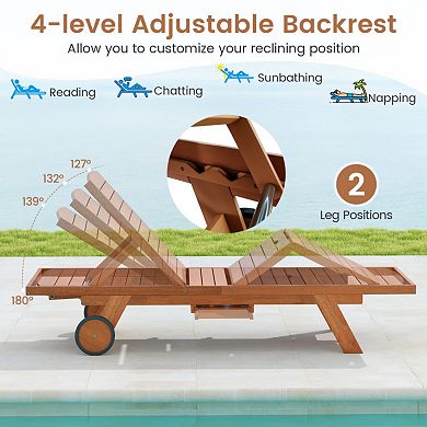 Outdoor Chaise Lounge Chair Solid Wood 4-Position Recliner with Wheels & Extendable Side Table
