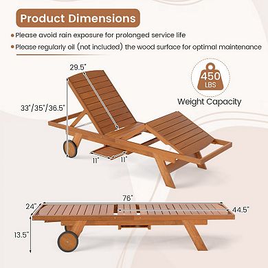 Outdoor Chaise Lounge Chair Solid Wood 4-Position Recliner with Wheels & Extendable Side Table