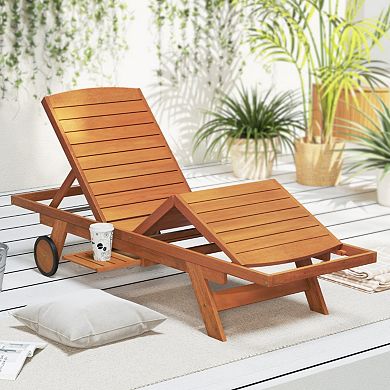 Outdoor Chaise Lounge Chair Solid Wood 4-Position Recliner with Wheels & Extendable Side Table