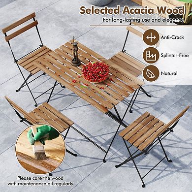 Clihome 5 Piece Patio Acacia Wood Dining Set with 4 Folding Chairs