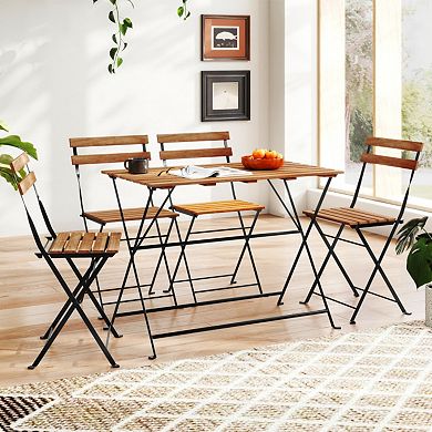 Clihome 5 Piece Patio Acacia Wood Dining Set with 4 Folding Chairs