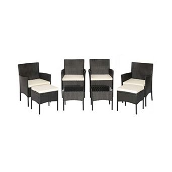 Clihome 8 pc Patio Wicker Conversation Set with 2 Coffee Tables & 2 Ottomans