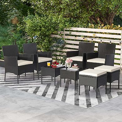 Clihome 8 Pieces Patio Wicker Conversation Set with 2 Coffee Tables & 2 Ottomans