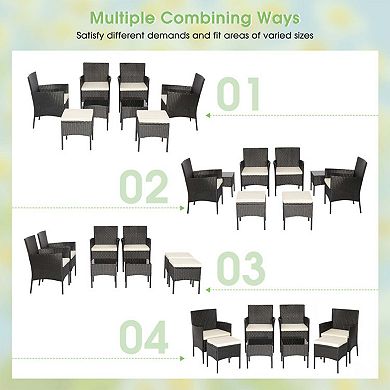Clihome 8 Pieces Patio Wicker Conversation Set with 2 Coffee Tables & 2 Ottomans