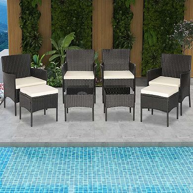 Clihome 8 Pieces Patio Wicker Conversation Set with 2 Coffee Tables & 2 Ottomans