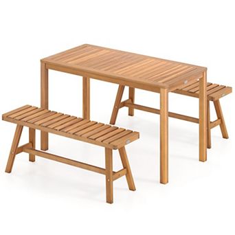 Clihome 3 pc Acacia Wood Patio Dining Set Outdoor Table with 2 Benches Slatted Seats