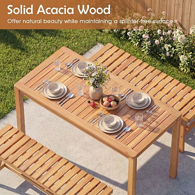 Clihome 3 Pieces Acacia Wood Patio Dining Set Outdoor Table with 2 Benches Slatted Seats