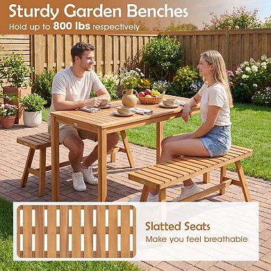 Clihome 3 Pieces Acacia Wood Patio Dining Set Outdoor Table with 2 Benches Slatted Seats