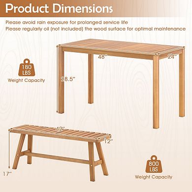 Clihome 3 Pieces Acacia Wood Patio Dining Set Outdoor Table with 2 Benches Slatted Seats