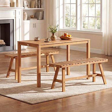 Clihome 3 Pieces Acacia Wood Patio Dining Set Outdoor Table with 2 Benches Slatted Seats