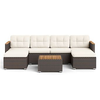 Clihome 7 pc Wicker Conversation Set with Wood Armrests for Backyard