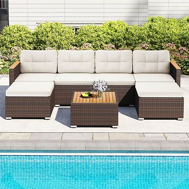 Clihome 7 Pieces Wicker Conversation Set with Wood Armrests for Backyard