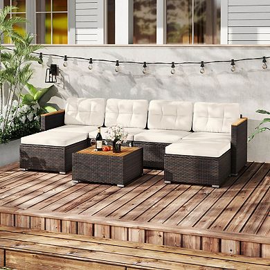 Clihome 7 Pieces Wicker Conversation Set with Wood Armrests for Backyard