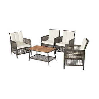 Clihome 5 pc Patio Rattan Furniture Set Cushioned Sofa Wooden Tabletop