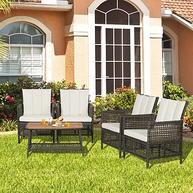 Clihome 5 Pieces Patio Rattan Furniture Set Cushioned Sofa Wooden Tabletop